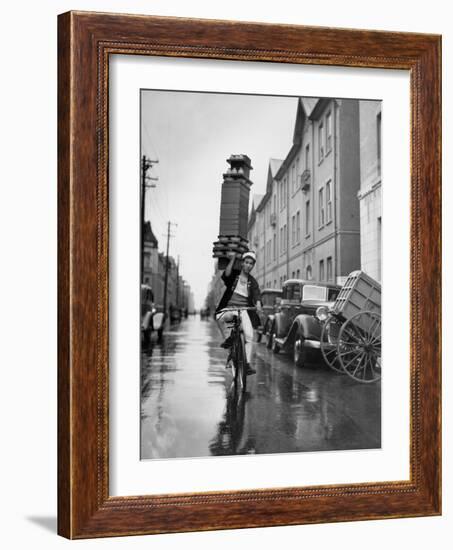 A Delivery Boy for a Tokyo Restaurant Carries a Tray of Soba Bowls-null-Framed Photographic Print