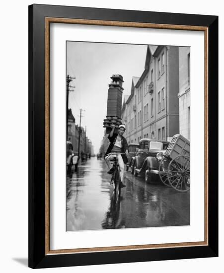 A Delivery Boy for a Tokyo Restaurant Carries a Tray of Soba Bowls-null-Framed Photographic Print