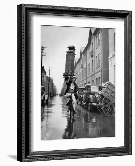 A Delivery Boy for a Tokyo Restaurant Carries a Tray of Soba Bowls-null-Framed Photographic Print