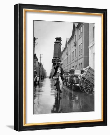 A Delivery Boy for a Tokyo Restaurant Carries a Tray of Soba Bowls-null-Framed Photographic Print