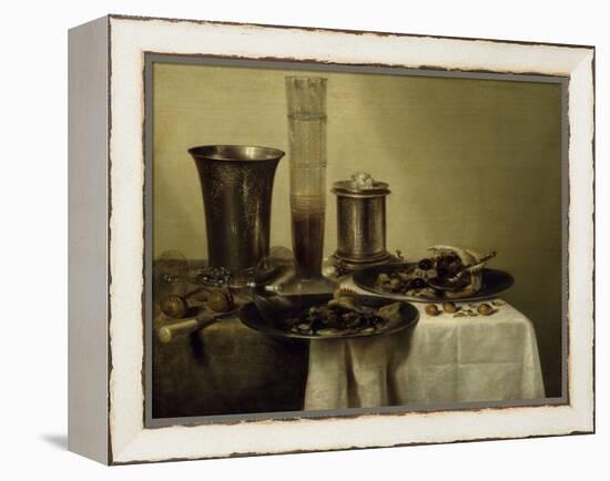 A Dessert, Previously Called Still Life with Silver Tumbler. 1637-Willem Claesz Heda-Framed Stretched Canvas