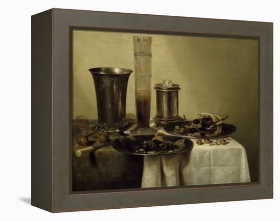 A Dessert, Previously Called Still Life with Silver Tumbler. 1637-Willem Claesz Heda-Framed Stretched Canvas