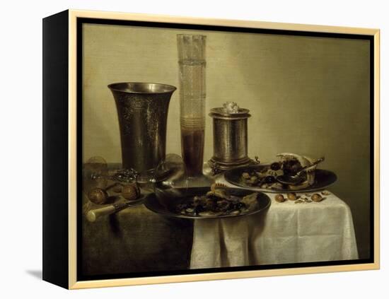 A Dessert, Previously Called Still Life with Silver Tumbler. 1637-Willem Claesz Heda-Framed Stretched Canvas