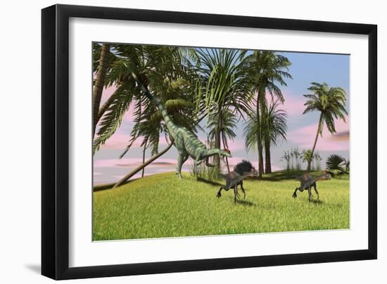 A Dilophosaurus Chasing Two Gigantoraptors across a Grassy Field-null-Framed Premium Giclee Print