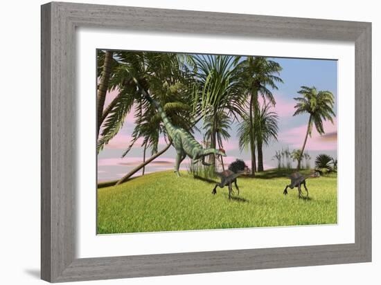 A Dilophosaurus Chasing Two Gigantoraptors across a Grassy Field-null-Framed Art Print