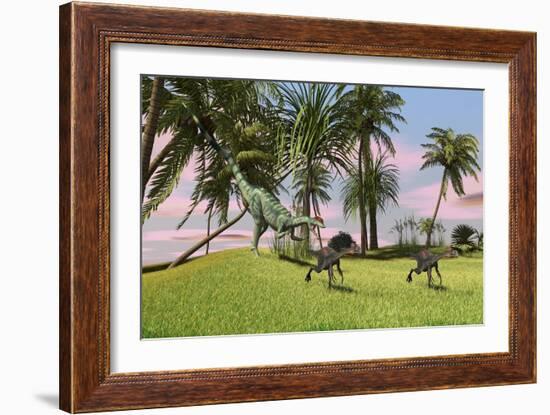 A Dilophosaurus Chasing Two Gigantoraptors across a Grassy Field-null-Framed Art Print