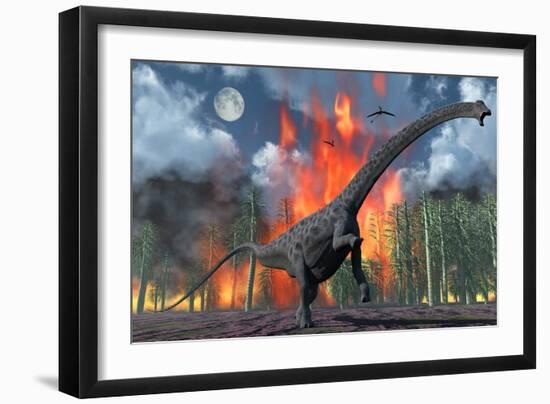 A Diplodocus Sauropod Dinosaur Fleeing from a Forest Fire-null-Framed Art Print