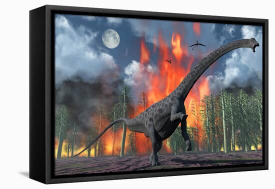 A Diplodocus Sauropod Dinosaur Fleeing from a Forest Fire-null-Framed Stretched Canvas