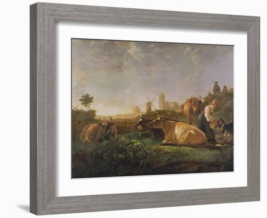 A Distant View of Dordrecht with Sleeping Herdsman and Five Cows-Aelbert Cuyp-Framed Giclee Print