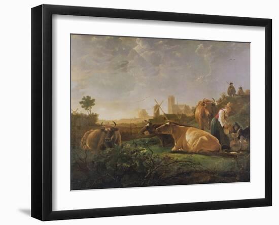 A Distant View of Dordrecht with Sleeping Herdsman and Five Cows-Aelbert Cuyp-Framed Giclee Print