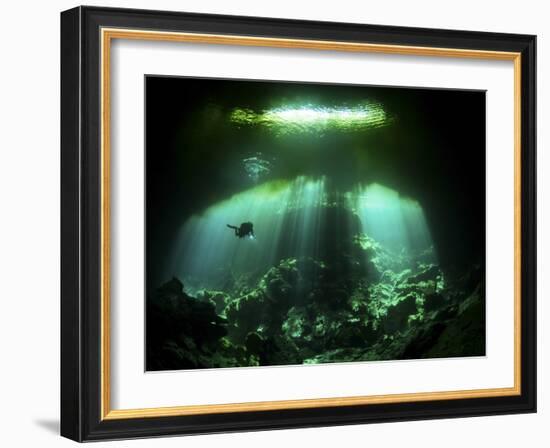 A Diver in the Garden of Eden Cenote System in Mexico-null-Framed Photographic Print