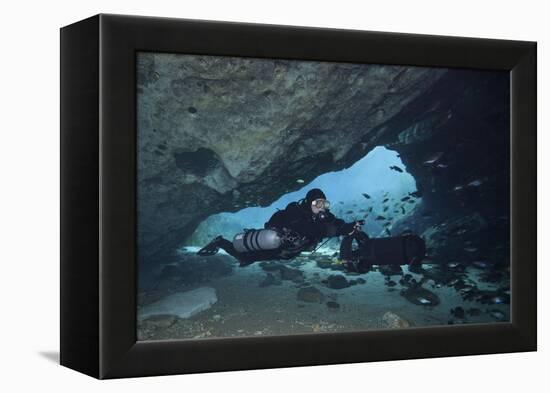 A Diver Using a Diver Propulsion Vehicle in the Blue Springs Cave System-null-Framed Stretched Canvas