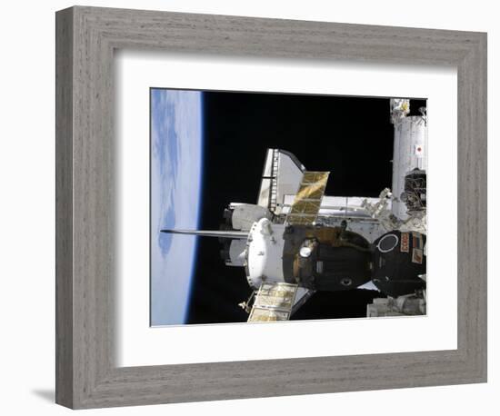 A Docked Soyuz Spacecraft over the Docked Space Shuttle Atlantis-null-Framed Photographic Print