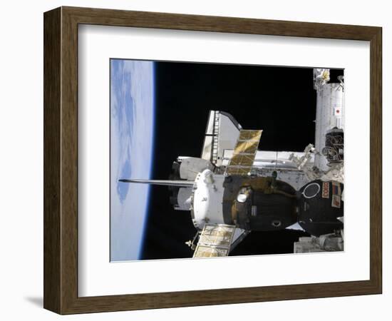 A Docked Soyuz Spacecraft over the Docked Space Shuttle Atlantis-null-Framed Photographic Print