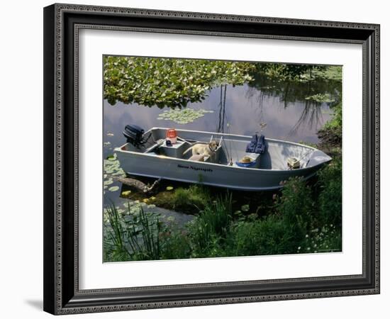 A Dog in a Boat on a Pond-null-Framed Photographic Print