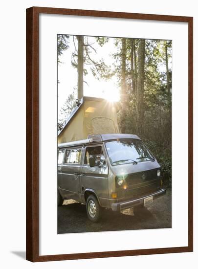 A Dog Peaks His Head Out In The Morning From A Volkswagen Bus On The Washington Coast-Hannah Dewey-Framed Photographic Print