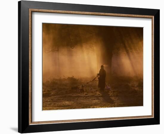 A Dog Walker Makes His Way with Four Dogs in the Early Morning Mist in Richmond Park-Alex Saberi-Framed Photographic Print