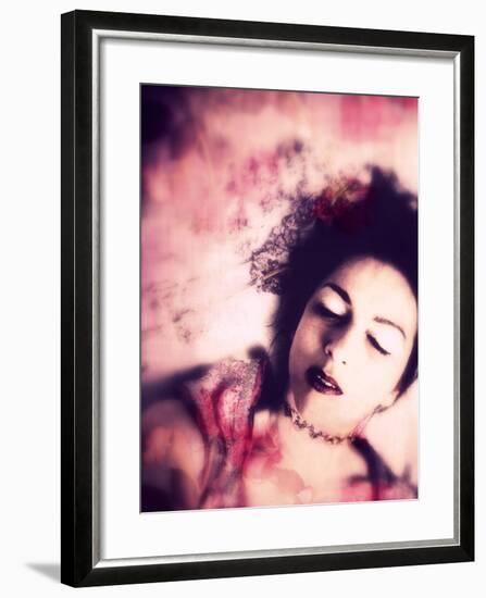 A Dreamy Portrait of a Woman with Dark Hair, Closed Eyes and Flowers-Alaya Gadeh-Framed Photographic Print