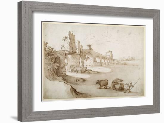 A Drover Urging a Team of Bullocks to Swim the Tiber at the Ponte Milvio Crossing (Pen and Brown In-Sebastian Vrancx-Framed Giclee Print