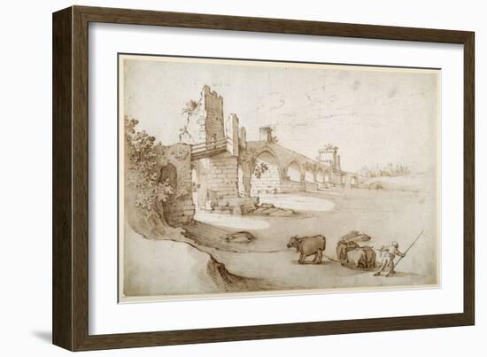 A Drover Urging a Team of Bullocks to Swim the Tiber at the Ponte Milvio Crossing (Pen and Brown In-Sebastian Vrancx-Framed Giclee Print