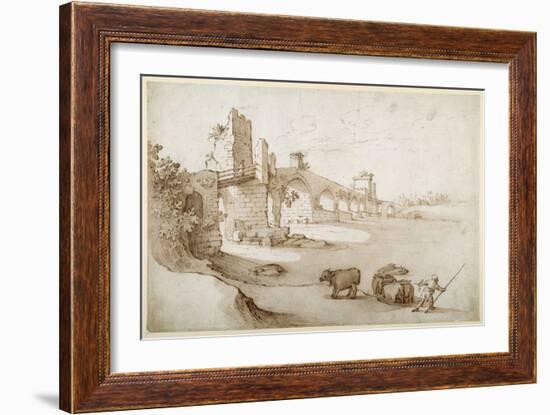 A Drover Urging a Team of Bullocks to Swim the Tiber at the Ponte Milvio Crossing (Pen and Brown In-Sebastian Vrancx-Framed Giclee Print
