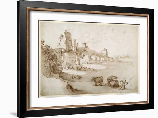 A Drover Urging a Team of Bullocks to Swim the Tiber at the Ponte Milvio Crossing (Pen and Brown In-Sebastian Vrancx-Framed Giclee Print