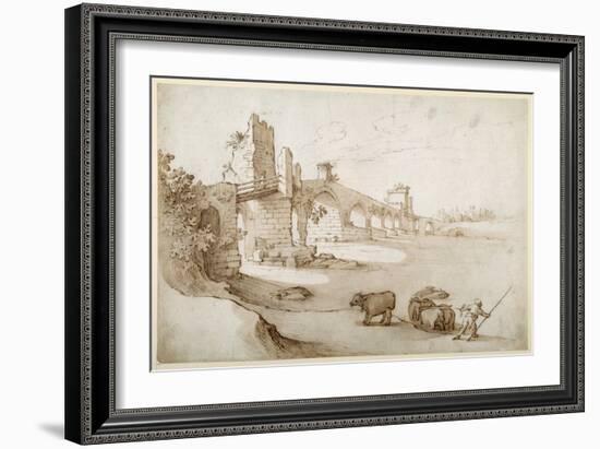 A Drover Urging a Team of Bullocks to Swim the Tiber at the Ponte Milvio Crossing (Pen and Brown In-Sebastian Vrancx-Framed Giclee Print