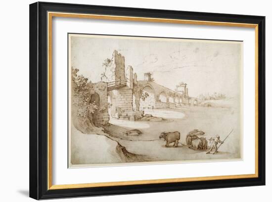 A Drover Urging a Team of Bullocks to Swim the Tiber at the Ponte Milvio Crossing (Pen and Brown In-Sebastian Vrancx-Framed Giclee Print