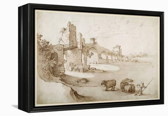 A Drover Urging a Team of Bullocks to Swim the Tiber at the Ponte Milvio Crossing (Pen and Brown In-Sebastian Vrancx-Framed Premier Image Canvas