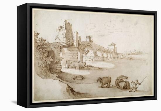 A Drover Urging a Team of Bullocks to Swim the Tiber at the Ponte Milvio Crossing (Pen and Brown In-Sebastian Vrancx-Framed Premier Image Canvas