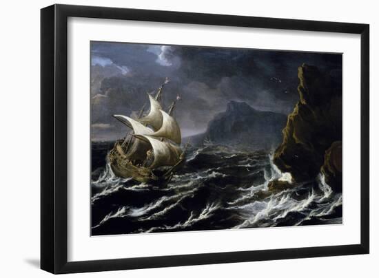 A Dutch Ship Rushes down a Rocky Coastline, during a Storm, the Figures in the Boat are Depicted In-null-Framed Giclee Print