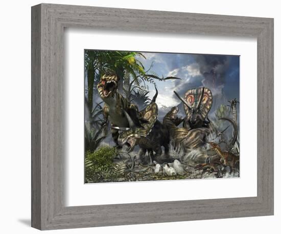 A Family of Torosaurus Protecting their Eggs from a Pair of Tyrannosaurus Rex-Stocktrek Images-Framed Premium Giclee Print