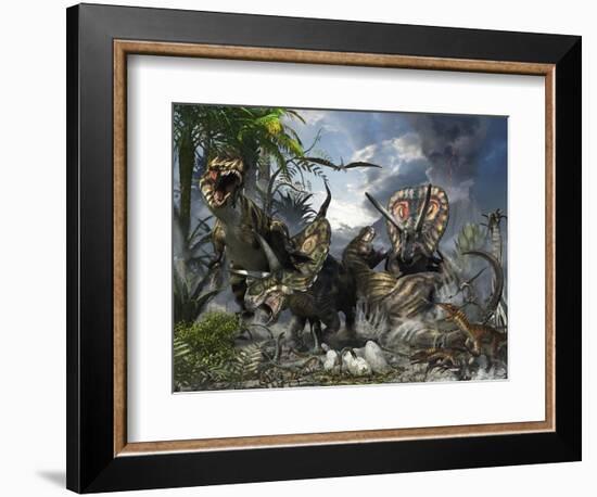 A Family of Torosaurus Protecting their Eggs from a Pair of Tyrannosaurus Rex-Stocktrek Images-Framed Premium Giclee Print