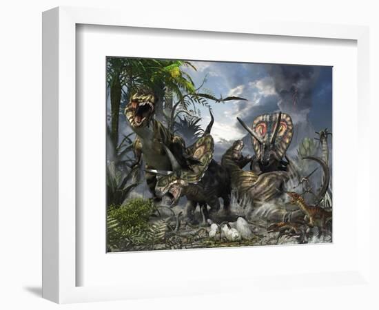 A Family of Torosaurus Protecting their Eggs from a Pair of Tyrannosaurus Rex-Stocktrek Images-Framed Premium Giclee Print