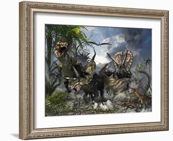 A Family of Torosaurus Protecting their Eggs from a Pair of Tyrannosaurus Rex-Stocktrek Images-Framed Art Print