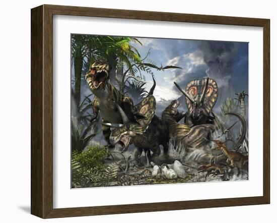 A Family of Torosaurus Protecting their Eggs from a Pair of Tyrannosaurus Rex-Stocktrek Images-Framed Art Print