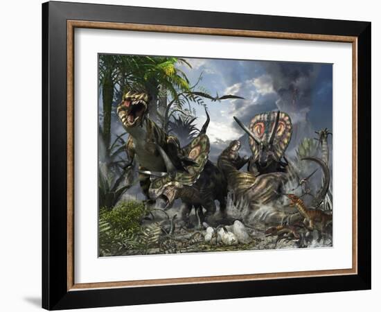 A Family of Torosaurus Protecting their Eggs from a Pair of Tyrannosaurus Rex-Stocktrek Images-Framed Art Print