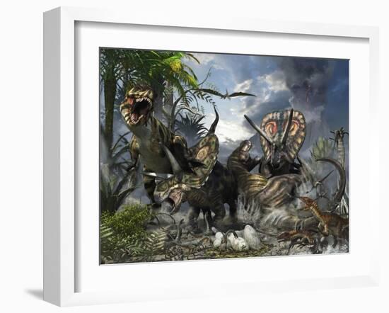 A Family of Torosaurus Protecting their Eggs from a Pair of Tyrannosaurus Rex-Stocktrek Images-Framed Art Print