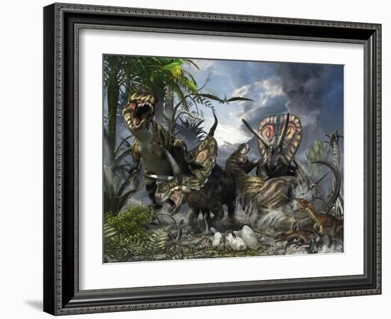 A Family of Torosaurus Protecting their Eggs from a Pair of Tyrannosaurus Rex-Stocktrek Images-Framed Art Print
