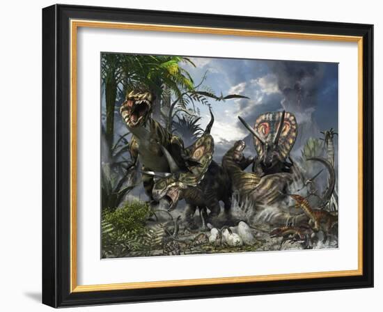 A Family of Torosaurus Protecting their Eggs from a Pair of Tyrannosaurus Rex-Stocktrek Images-Framed Art Print