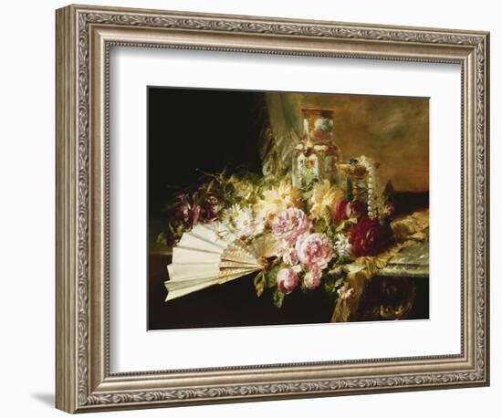 A Fan with Roses, Daisies and a Famille Rose Vase on a Draped Table, 1881-Pierre Garnier-Framed Giclee Print