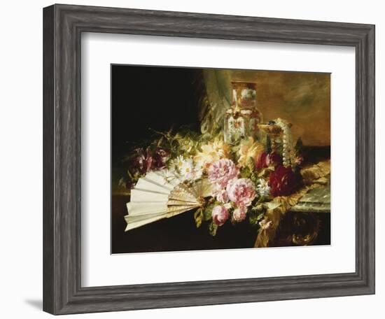 A Fan with Roses, Daisies and a Famille Rose Vase on a Draped Table, 1881-Pierre Garnier-Framed Giclee Print