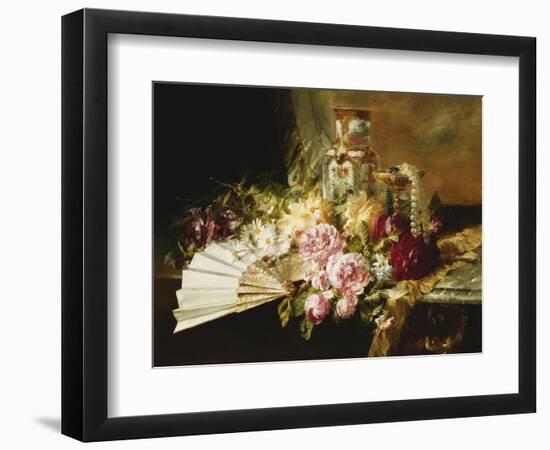 A Fan with Roses, Daisies and a Famille Rose Vase on a Draped Table, 1881-Pierre Garnier-Framed Giclee Print