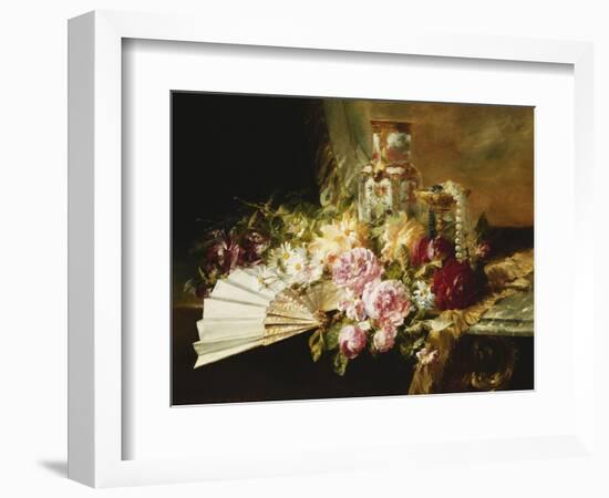 A Fan with Roses, Daisies and a Famille Rose Vase on a Draped Table, 1881-Pierre Garnier-Framed Giclee Print