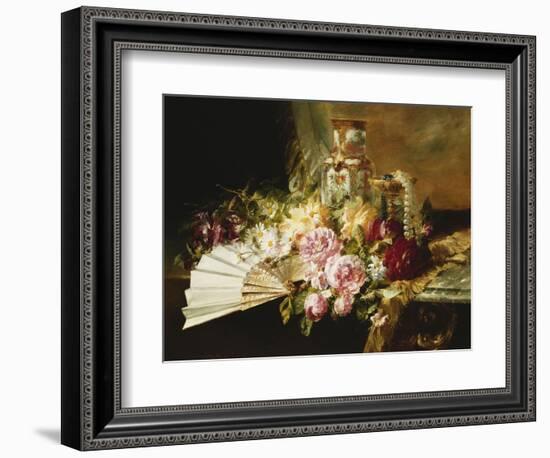 A Fan with Roses, Daisies and a Famille Rose Vase on a Draped Table, 1881-Pierre Garnier-Framed Giclee Print