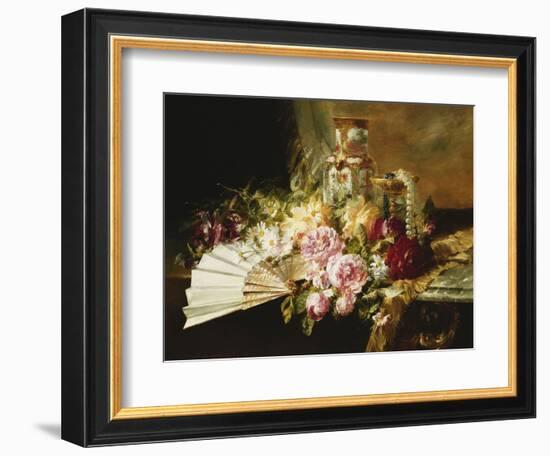 A Fan with Roses, Daisies and a Famille Rose Vase on a Draped Table, 1881-Pierre Garnier-Framed Giclee Print