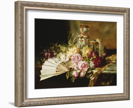 A Fan with Roses, Daisies and a Famille Rose Vase on a Draped Table-Pierre Garnier-Framed Giclee Print