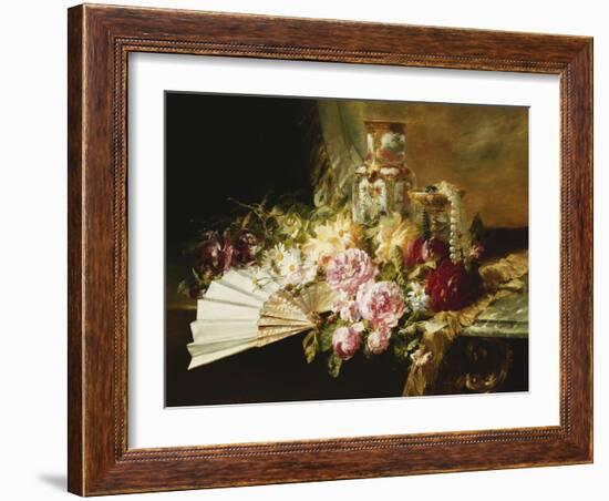 A Fan with Roses, Daisies and a Famille Rose Vase on a Draped Table-Pierre Garnier-Framed Giclee Print