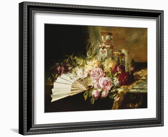 A Fan with Roses, Daisies and a Famille Rose Vase on a Draped Table-Pierre Garnier-Framed Giclee Print