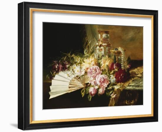 A Fan with Roses, Daisies and a Famille Rose Vase on a Draped Table-Pierre Garnier-Framed Giclee Print